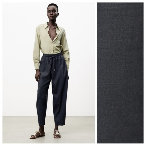 Zara Gray Washed Effect Linen Blend High-Waisted Trouser Pants - Picture 3 of 13